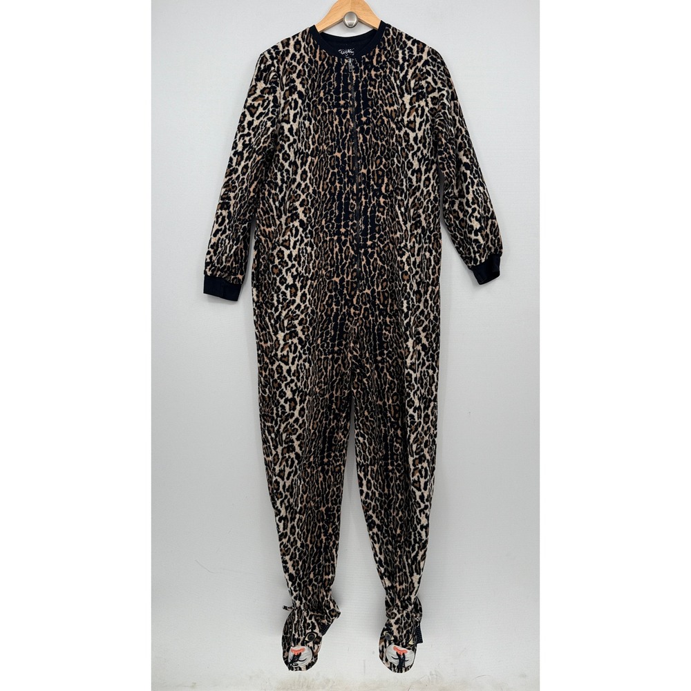 Nick & Nora Footed Pajamas Women Medium Brown Leopard Print Fleece Costume Fun